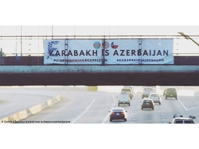 Une banderole avec le slogan « Le Karabagh, c’est l'Azerbaïdjan » au centre de Houston (Texas)